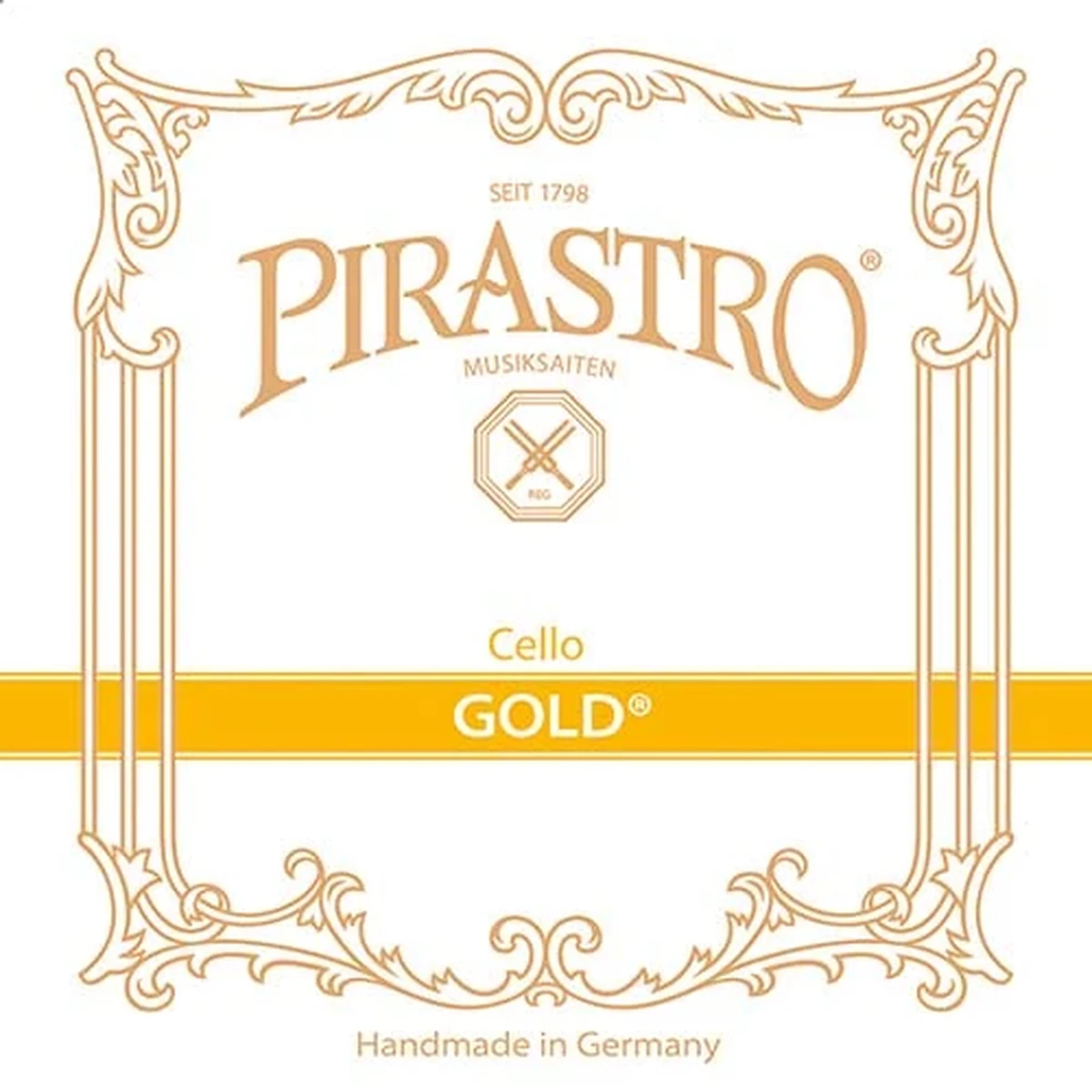 Corda Pirastro Gold per violoncello su sfondo neutro